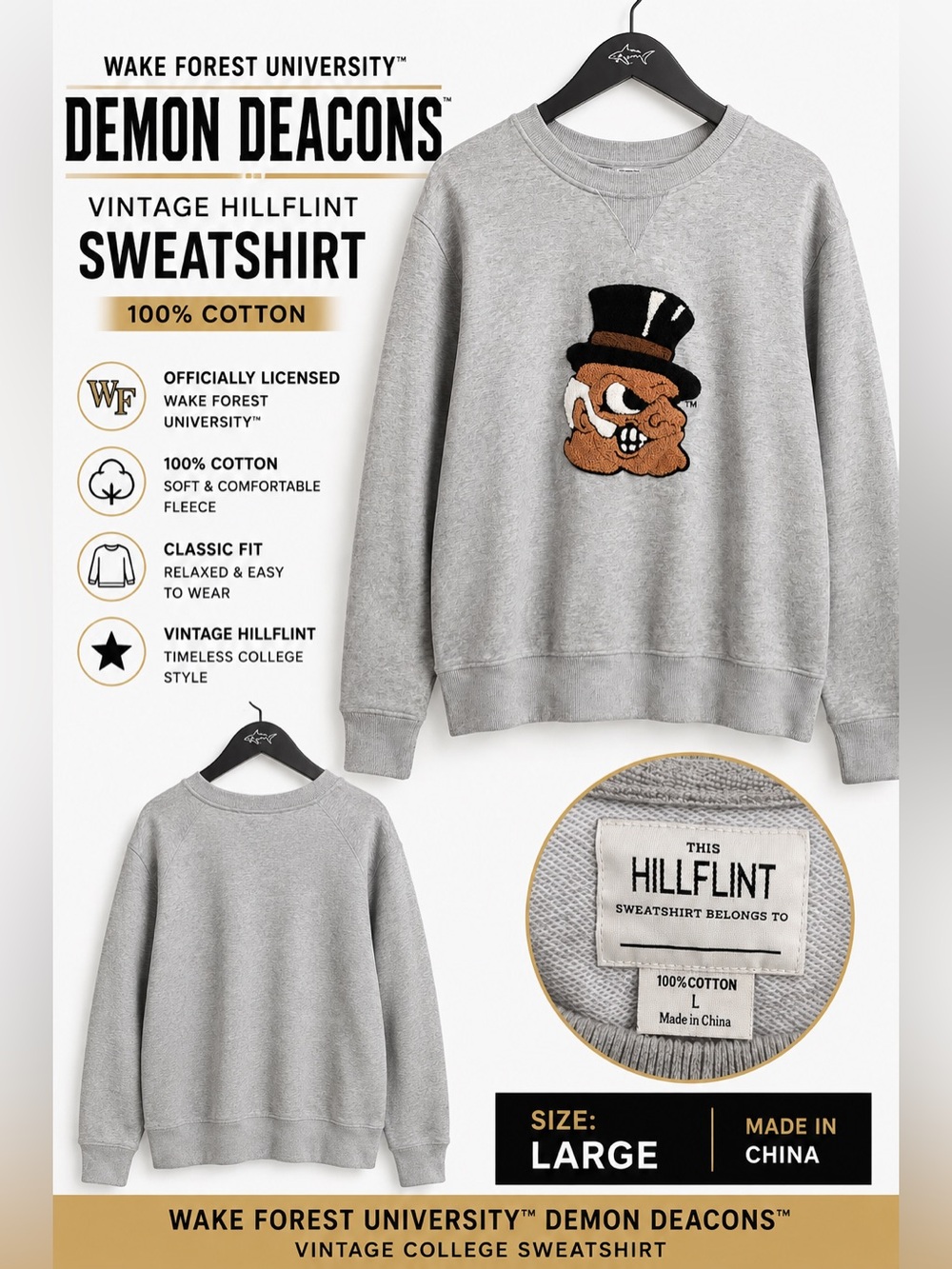 Hillflint Wake Forest U Demon Deacons Mascot Crewneck Sweatshirt Gray Large